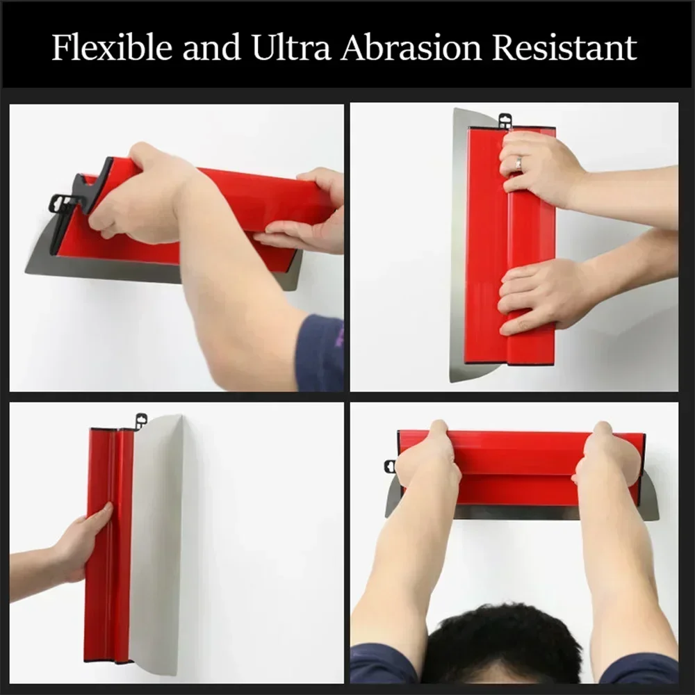 A red skimming blade with a stainless steel edge is shown being used to finish a wall, demonstrating its flexibility and abra