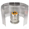 Portable aluminum alloy windshield for camping stoves with a protective metal frame.