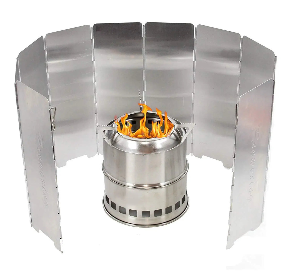 Portable aluminum alloy windshield for camping stoves with a protective metal frame.