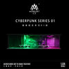 A 1:64 scale miniature cyberpunk series diorama featuring vehicles under colored lighting.