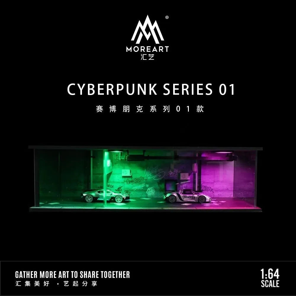 A 1:64 scale miniature cyberpunk series diorama featuring vehicles under colored lighting.