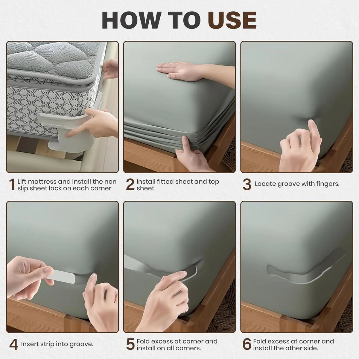Instructions showing how to use universal fitted sheet straps to secure a mattress and sheet on all corners.