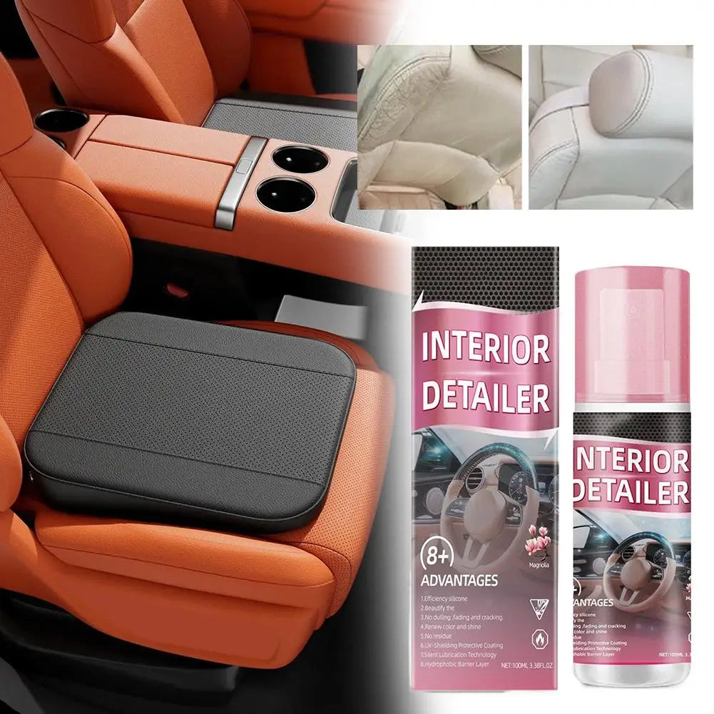 A bottle of interior detailer cleaner is shown next to a car interior, highlighting its use for cleaning dashboards and leath