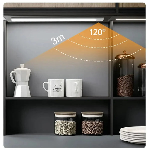 Interior view of a dark cabinet with LED lighting illuminating kitchenware and storage items.