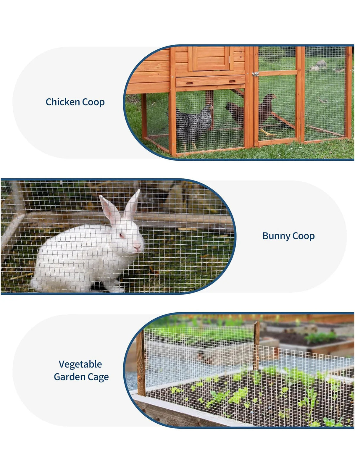 Images showing various galvanized steel wire mesh cages for chicken, bunny, and vegetable gardens.