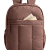 A brown padded laptop backpack with a top handle and a zippered compartment for a laptop.