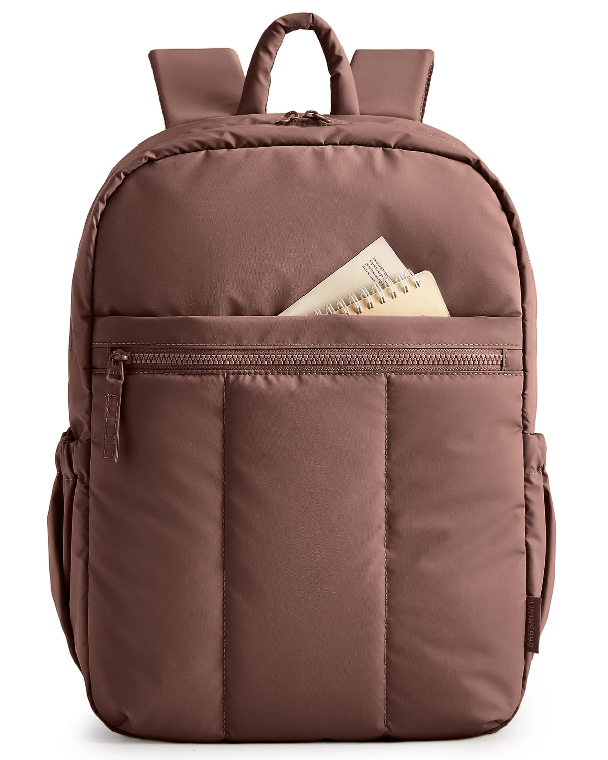 A brown padded laptop backpack with a top handle and a zippered compartment for a laptop.