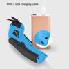 A blue and black cordless electric scissor tool with a USB charging cable connected to a smartphone.