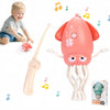 A pink squid-shaped toy with light-up features and a long plastic wand is shown next to a smiling child.