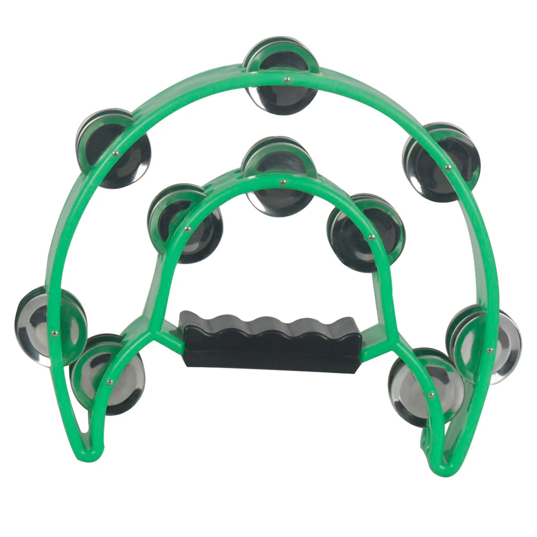 A green double-layer half moon tambourine with hand bells.