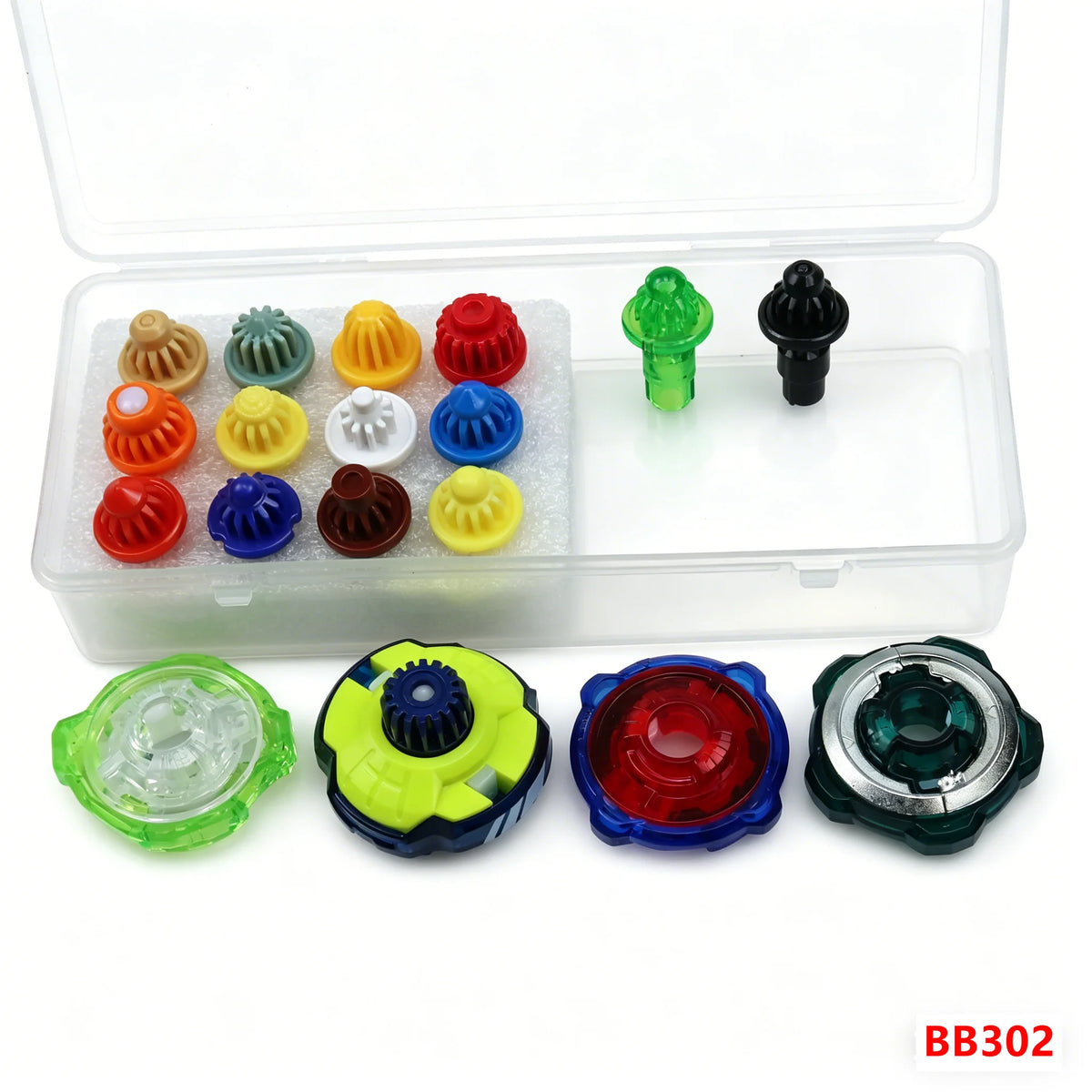 A kit of colorful spinning tops and accessories stored in a clear plastic box.