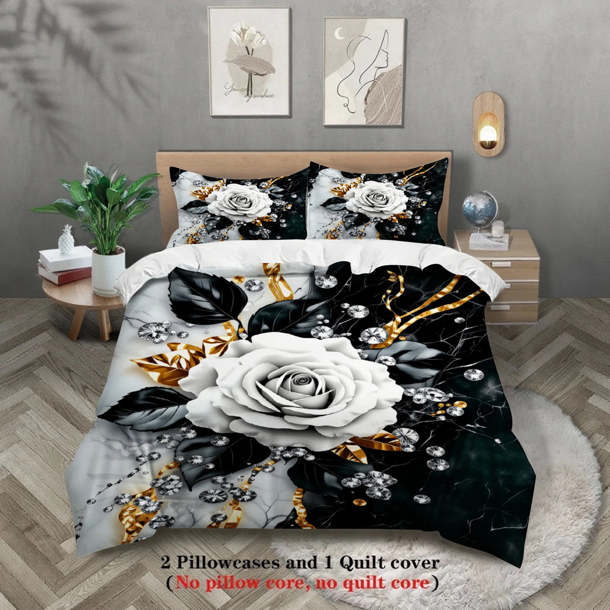 3D Floral Duvet Cover Set – Black & White Rose Design with Pillowcases