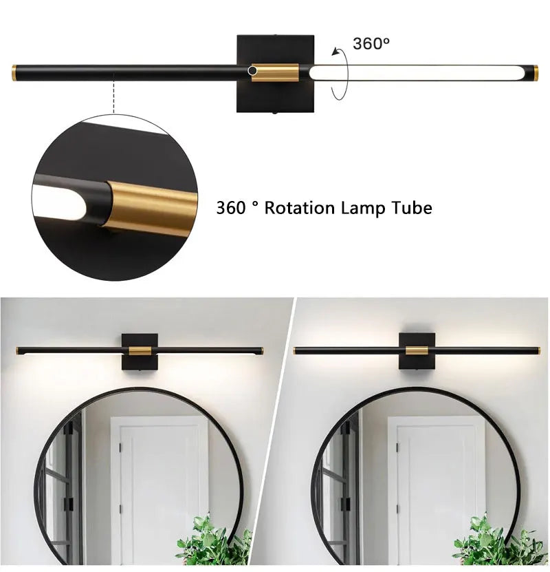 A 360 degree rotation lamp tube mounted on a black fixture, shown in a mirror reflection.