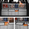 Foldable car trunk organizer showing various compartments and storage options in a car seat back.