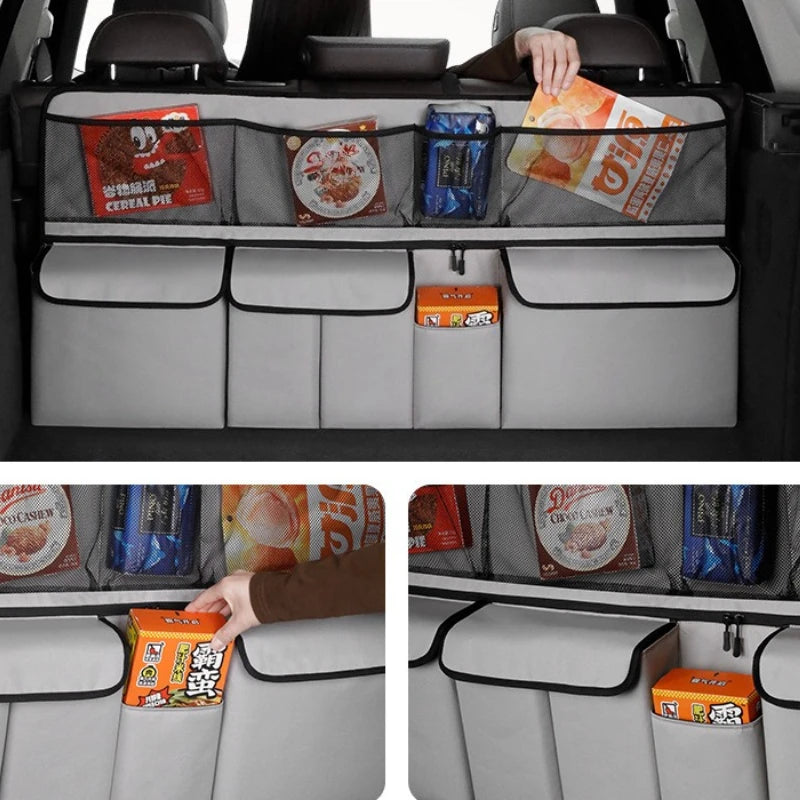 Foldable car trunk organizer showing various compartments and storage options in a car seat back.