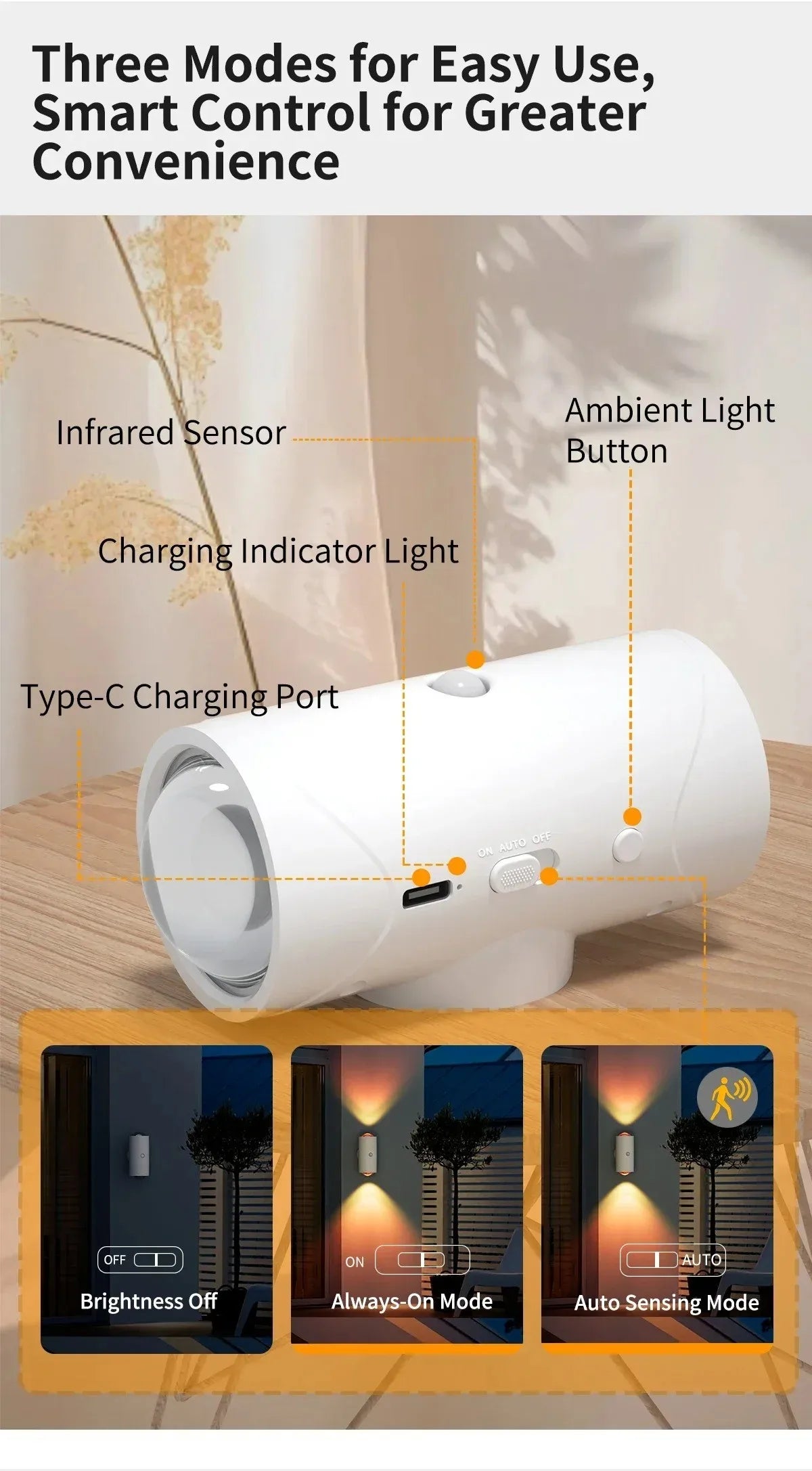 A white rechargeable RGB motion sensor wall light showing three modes: Brightness Off, Always-On Mode, and Auto Sensing Mode.