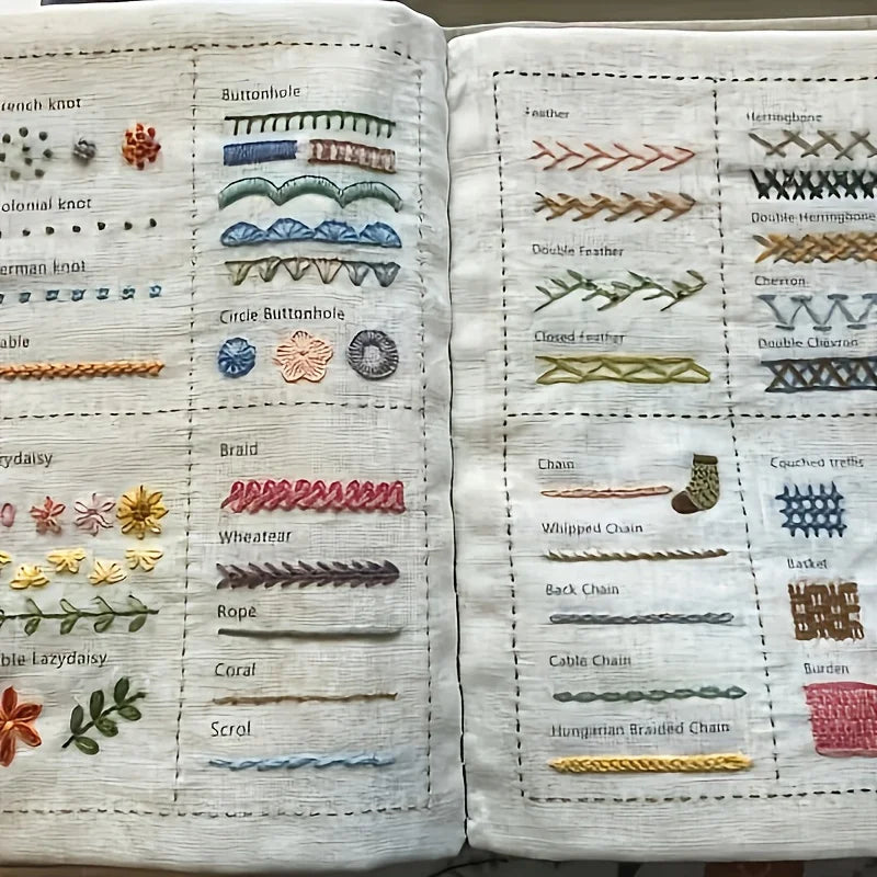 A page from a compact sewing kit showing various embroidery knots, threads, and stitches like buttonholes, braids, and chains