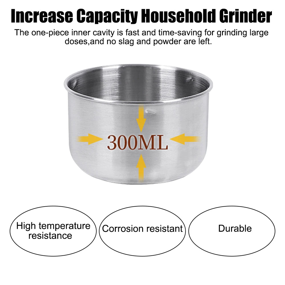 A silver metal grinding container with a 300ML capacity, designed for household grinding.