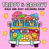 A colorful illustration of a pink car decorated with mushrooms and an eye, used as the cover for a Trippy & Groovy bold and e