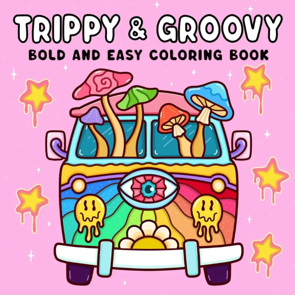A colorful illustration of a pink car decorated with mushrooms and an eye, used as the cover for a Trippy & Groovy bold and e