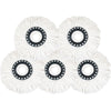 White microfiber mop head refills with black rings and white fibers for a round spin mop.