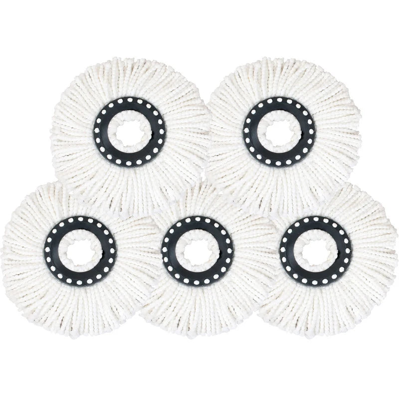 White microfiber mop head refills with black rings and white fibers for a round spin mop.