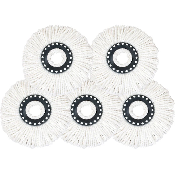 White microfiber mop head refills with black rings and white fibers for a round spin mop.