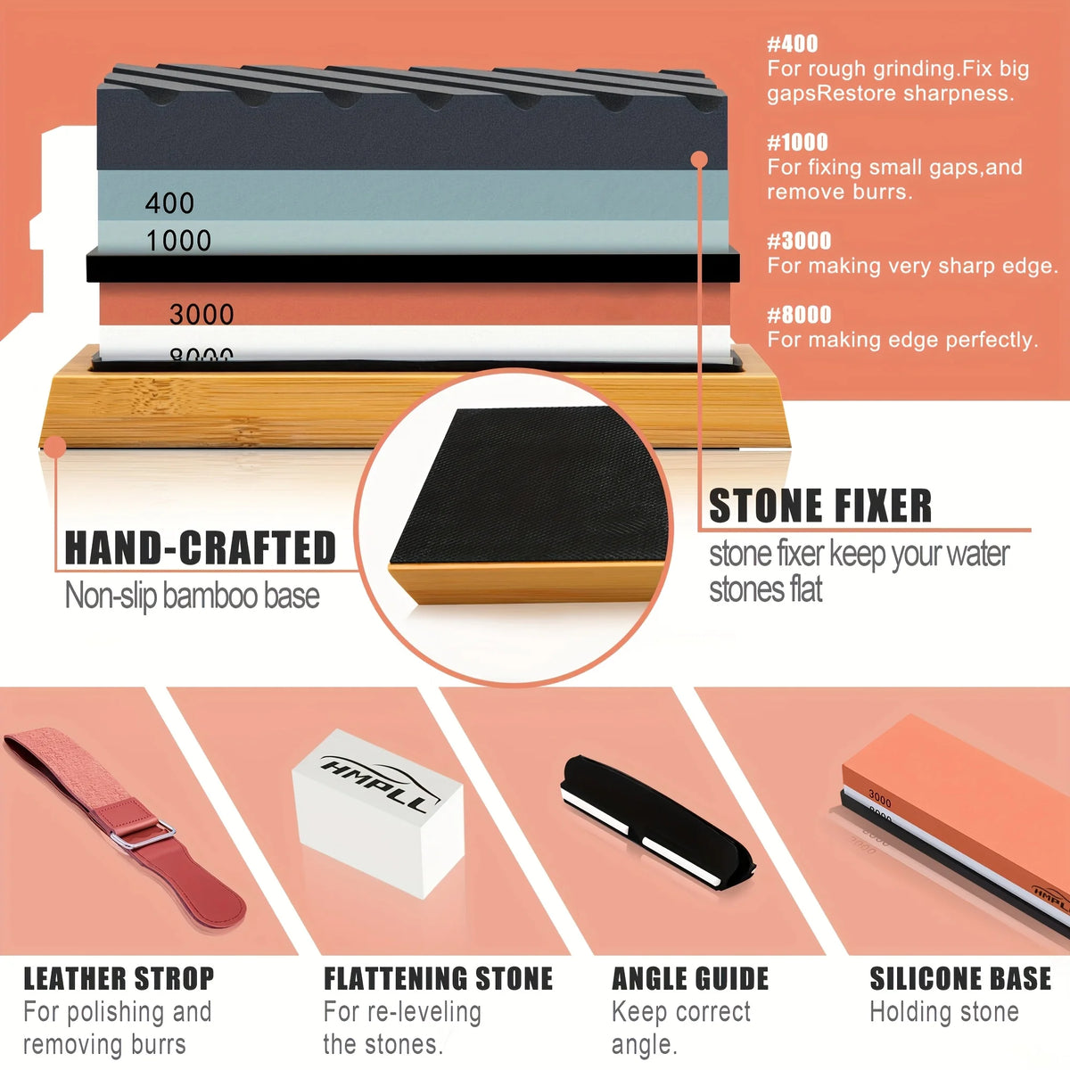 A set of stone fixers for sharpening stones including various sizes and a leather strop, flattening stone, angle guide, and s