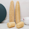 Natural loofah body scrubber with a hanging rope shown in various forms and colors.