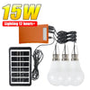 An orange solar panel and three white hanging LED lamps are shown with accompanying wires.