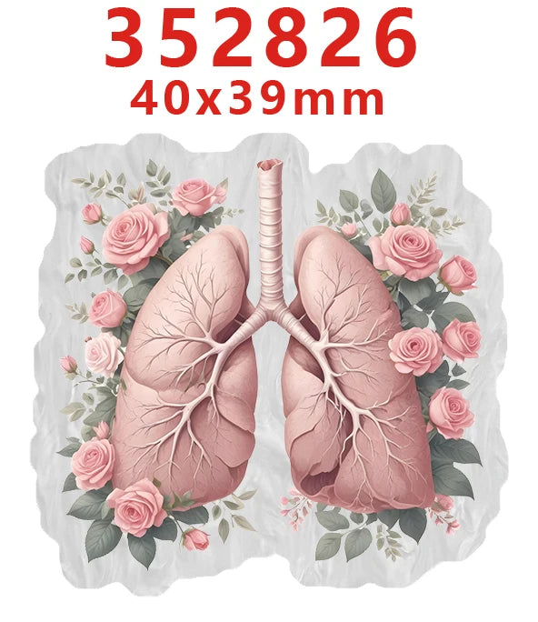 A set of pink and green floral designs featuring anatomical lungs on a white background.