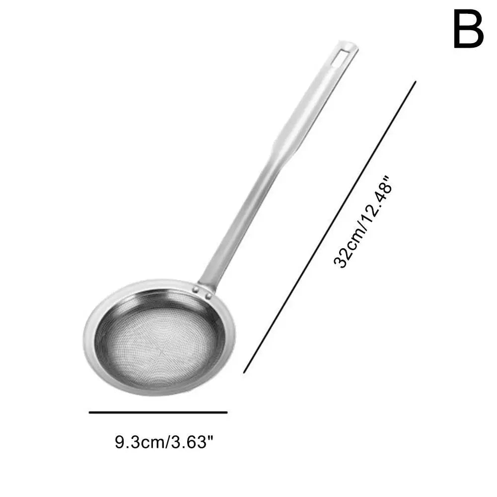 Stainless steel fine mesh skimmer spoon with a long handle shown in profile view.