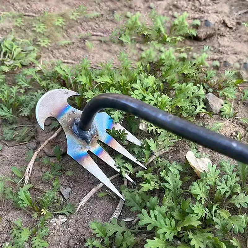 A hand weeder tool made of metal with a black handle is shown lying on dry, grassy soil.