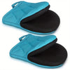 A pair of teal silicone oven mitts with black non-slip grips shown in a folded position.