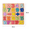 A wooden puzzle board featuring colorful numbers and shapes for toddlers.