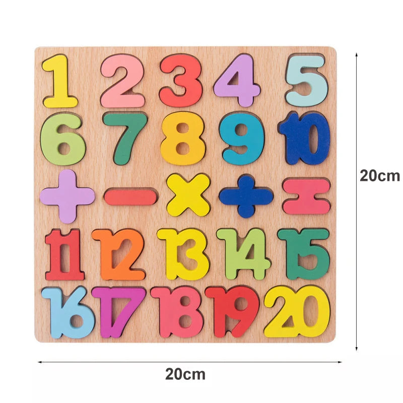 A wooden puzzle board featuring colorful numbers and shapes for toddlers.