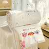 White comforter with a panda print featuring the text Good Friend and cute animal faces