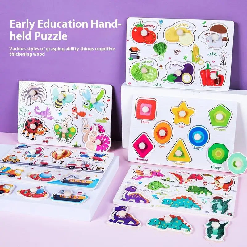 A set of wooden hand-held puzzles featuring letters and numbers for early education learning.