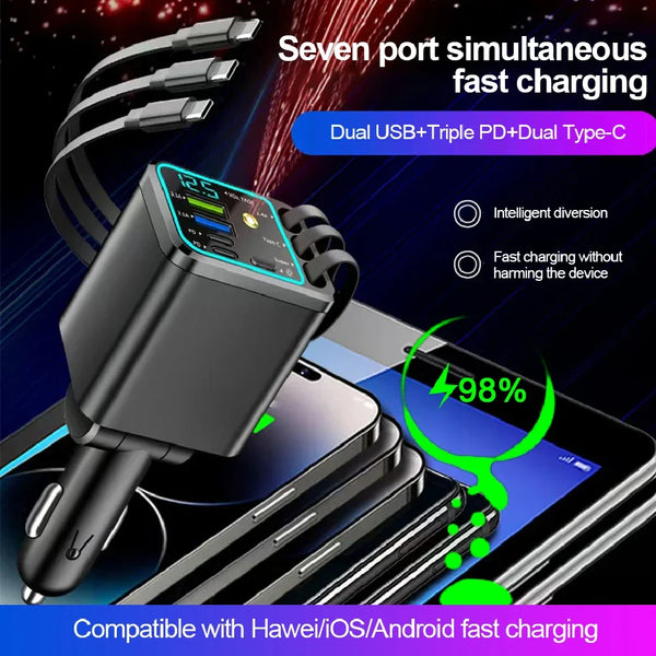 Charge un smartphone avec un chargeur de voiture rétractable noir avec éclairage ambiant.