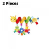 A set of two soft plush hanging baby toys featuring yellow and multicolored fabric shapes.