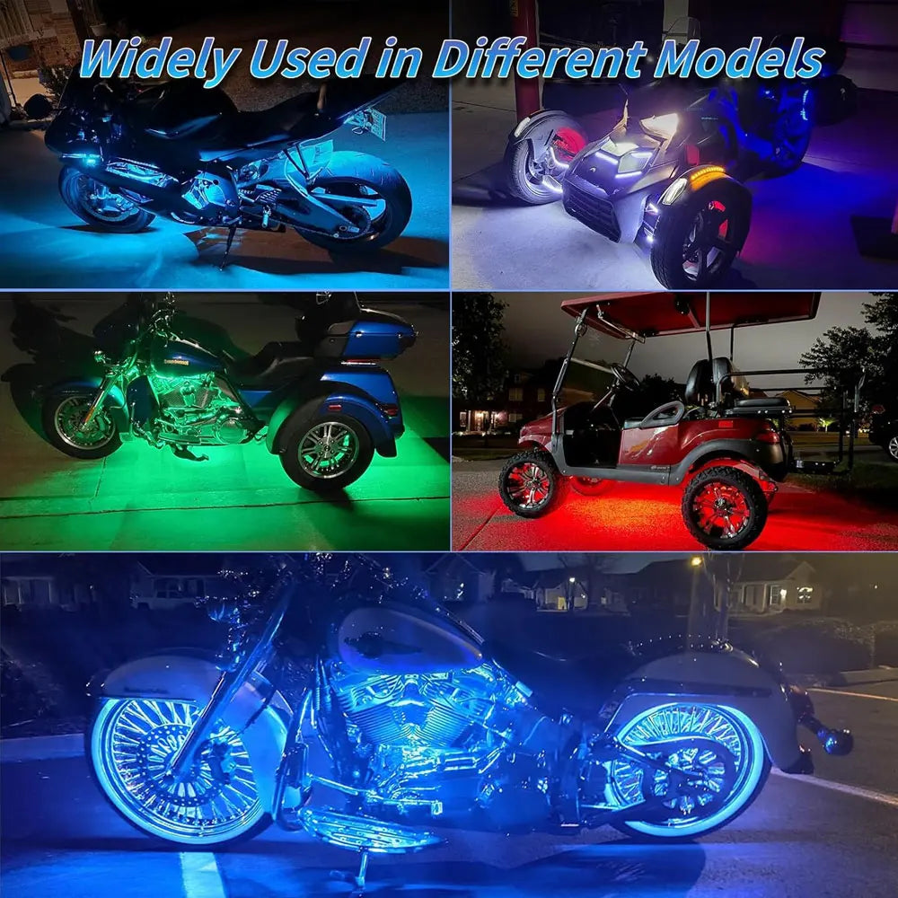 Various models of motorcycles featuring RGB sound-activated LED strip lights.