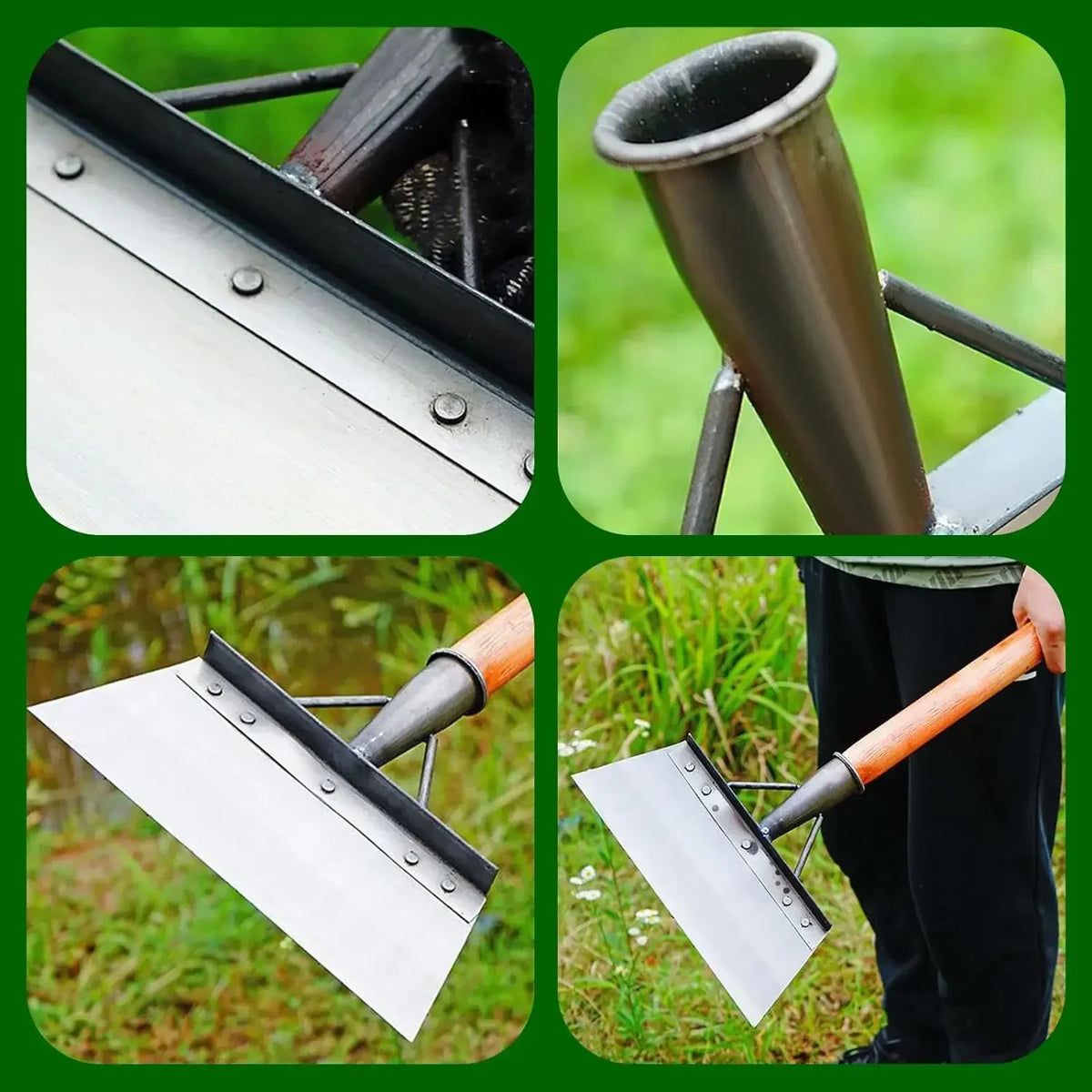 A durable manganese steel cleaning shovel being used to scrape or clean a surface.