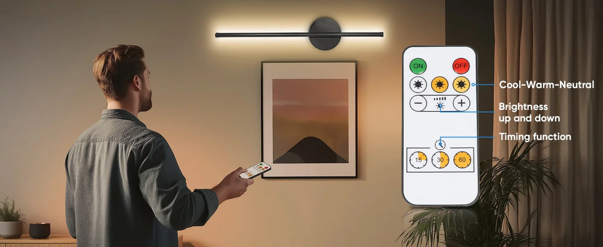 A man is adjusting a wall-mounted LED light fixture with a remote control, demonstrating the dimmable lighting functions.