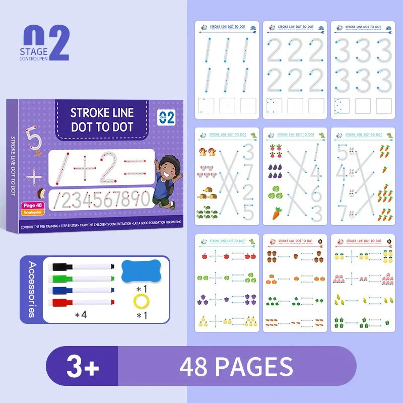 A set of 48 pages of stroke line dot to dot tracing workbooks for children with accessories