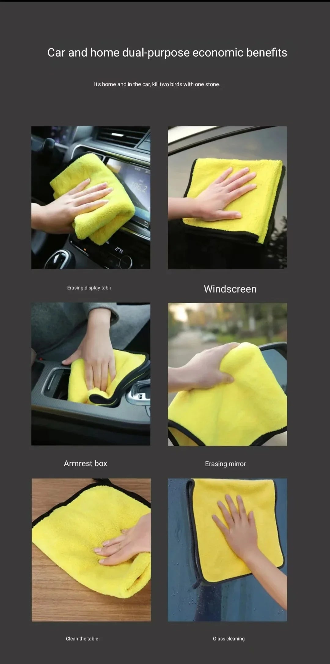 Yellow microfiber towel used for cleaning car interiors, including the windshield, mirror, and tablet surface.