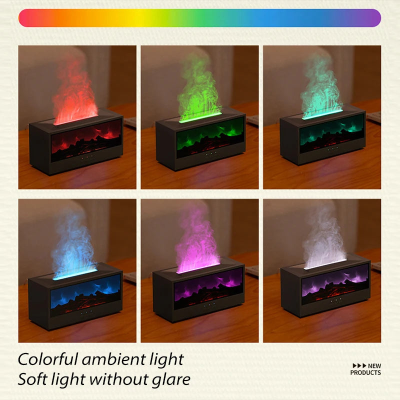 A set of five fireplace ultrasonic aroma diffusers displaying various colors, including red, green, blue, purple, and white l