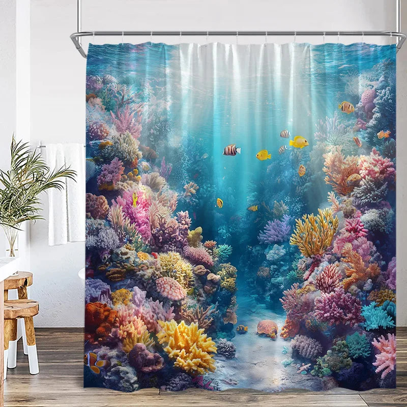 A vibrant underwater scene featuring colorful coral, sea plants, and marine life used as a shower curtain.