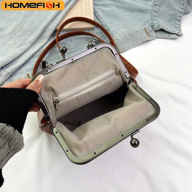 A vintage brown PU leather crossbody handbag is shown open, featuring a patterned fabric lining and metal hardware.