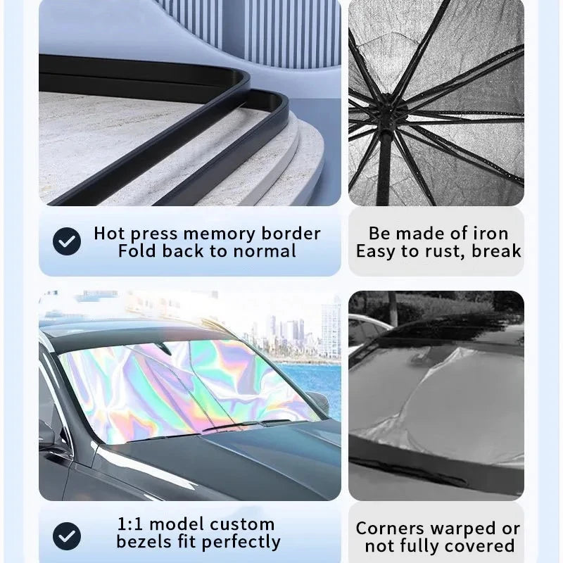 Close-up view of a foldable umbrella car sunshade with UV protection showing its features and fit.