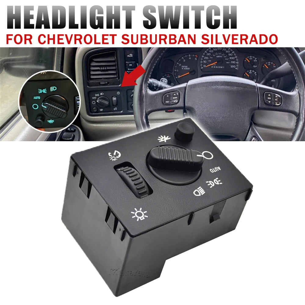 A black headlight switch assembly designed for a Chevrolet Suburban Silverado.